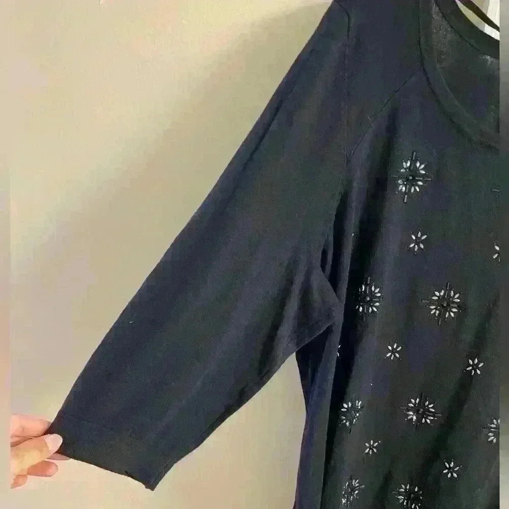 LANE Bryant black beaded 3/4 sleeves crewneck pullover‎ sweater. Sz 22/24